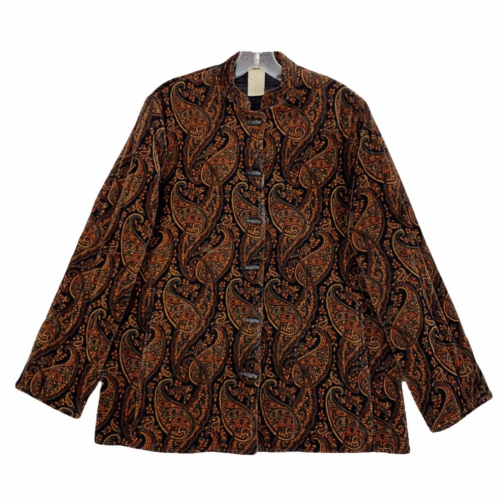 Vintage Paisley Quilted Velvet Like Jacket Coat Toggle Buttons Mandarin Collar